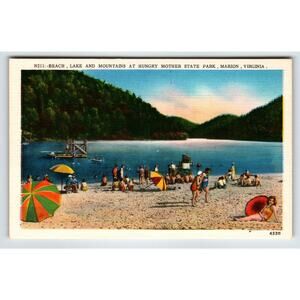 Beach Lake Mountains At Hungry Mother State Park Marion Virginia Postcard Linen